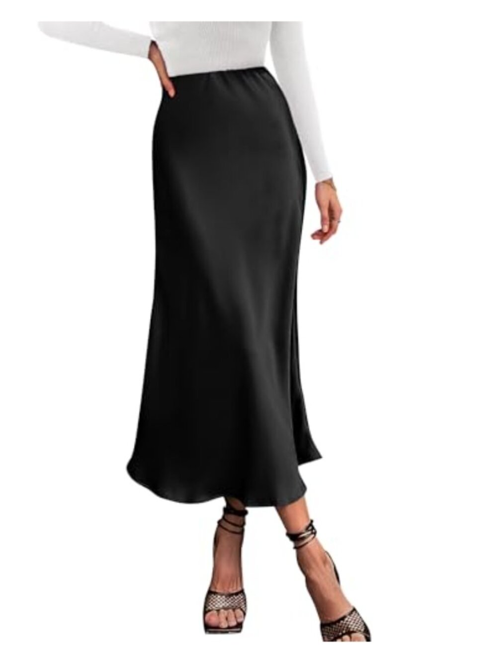 Silk Satin Midi A-Line Skirt High Waist Elastic Flowy